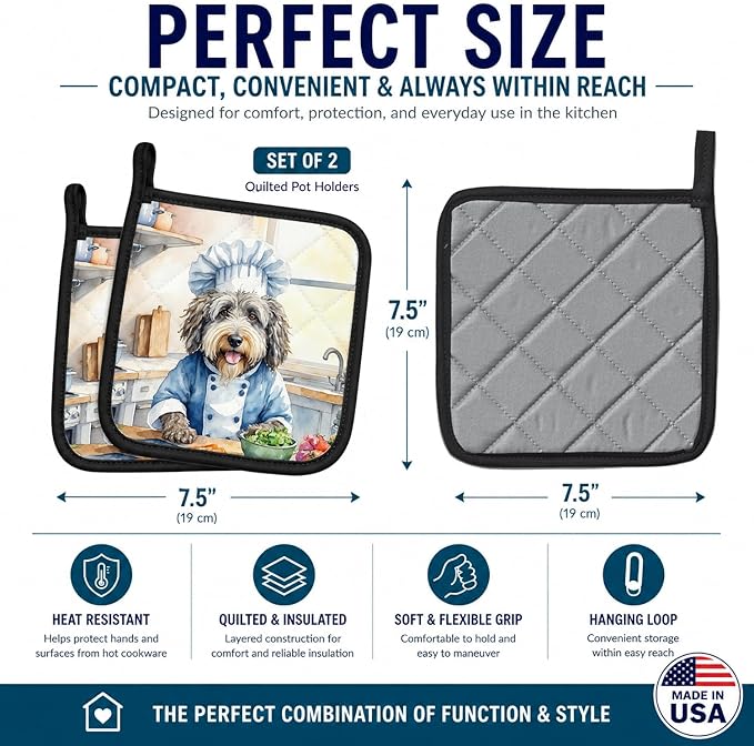 Caroline's Treasures Bergamasco Sheepdog The Chef Pair of Pot Holders Kitchen Heat Resistant Pot Holders Sets Oven Hot Pads for Cooking Baking BBQ, 7 1/2 x 7 1/2