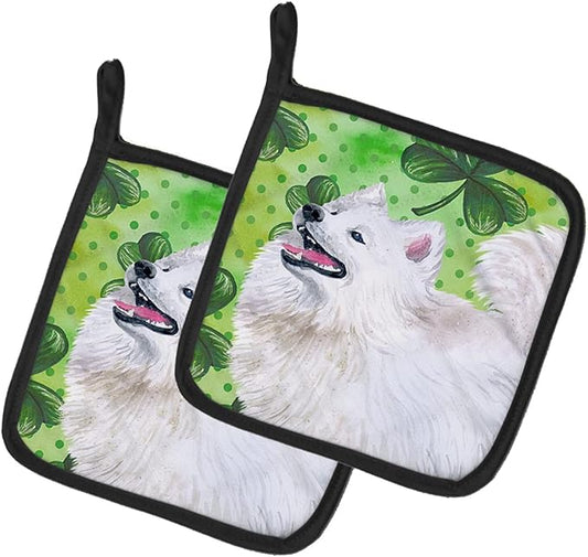 Caroline's Treasures BB9865PTHD Samoyed St Patrick's Pair of Pot Holders, Green Kitchen Heat Resistant Pot Holders Sets Oven Hot Pads for Cooking Baking BBQ, 7 1/2 x 7 1/2