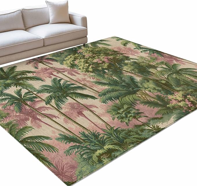 Area Rug 9x12ft, Exotic Forest Green Pink Palms Tree Washable Rugs for Living Room Bedroom Rectangle Floor Carpet, Vintage Botantical Soft Non-Slip Area Rugs for Dining Room