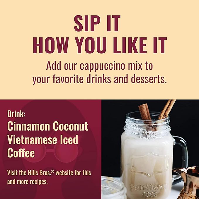 Hills Bros. Cappuccino Mix – Rich, Frothy Coffeehouse-Tasting Instant Drink Mix – Quick & Easy Preparation – Perfect for Hot & Iced Drinks & Creaming Coffee – Sugar-Free French Vanilla, 1 Pack of 12oz