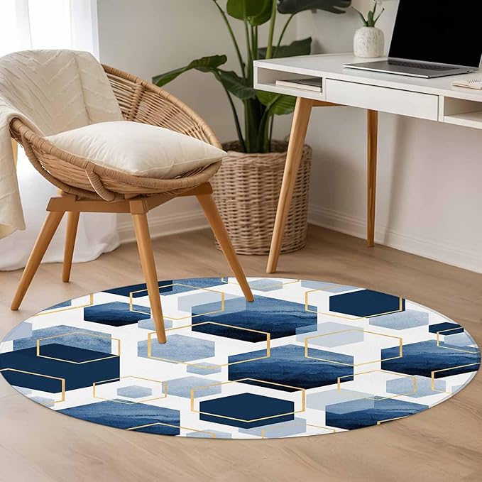 Washable Round Area Rug Watercolor Blue Hexagon Circle Rugs Floor Carpet for Living Room Bedroom, Abstract Geometric Art Soft Non Slip Round Rug 3ft