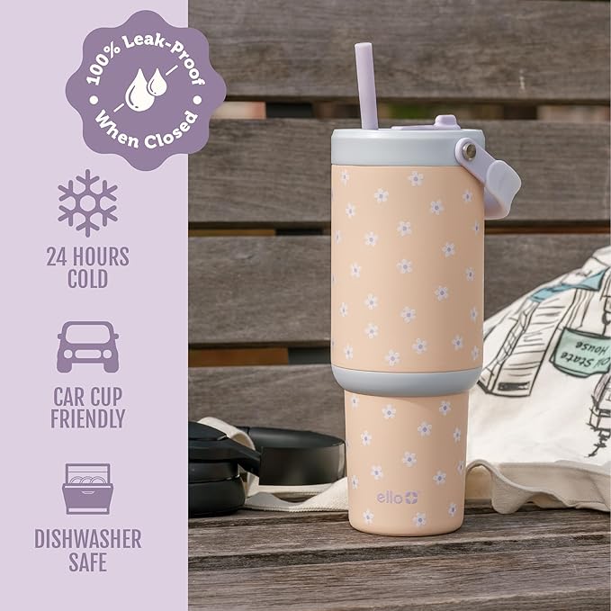 Ello Oasis Go+ 32oz Tumbler with Top Handle and Retracting Straw | Reusable Insulated Stainless Steel Cup, 100% Leakproof Water Bottle, 24 Hours Cold, Cup Holder Friendly For Travel | Daisies
