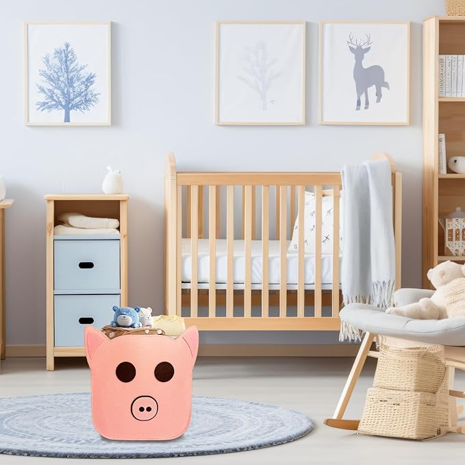 Felt Baby Basket,Pig Shaped Baby Gift Basket Nursery Organizer for Storage Infant Newborn Essentials,Foldable Bathroom and Bedroom Stuff Diaper Toys Vintage Decor with Cute Pig Design