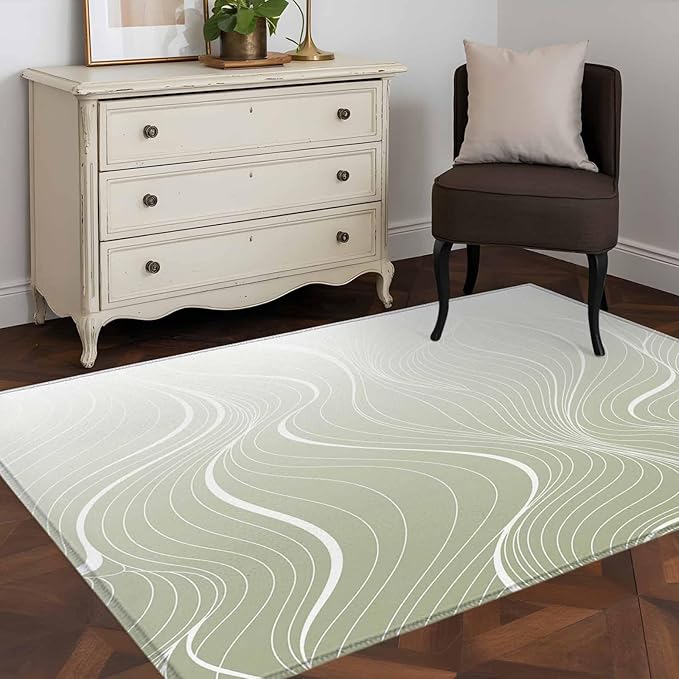 Area Rug 4x6ft, Sage Green Wavy Gradient Stripes Washable Rugs for Living Room Bedroom, Geometric Abstract Art Soft Non-Slip Area Rugs Rectangle Floor Carpet for Dining Room