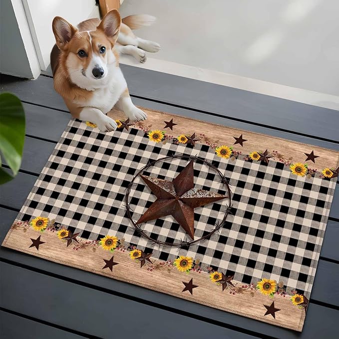 Area Rug 2x3ft, Western Star Farm Sunflower Washable Rugs for Living Room Bedroom, Vintage Wood Grain Black Buffalo Plaid Soft Non-Slip Area Rugs Rectangle Floor Carpet for Dining Room