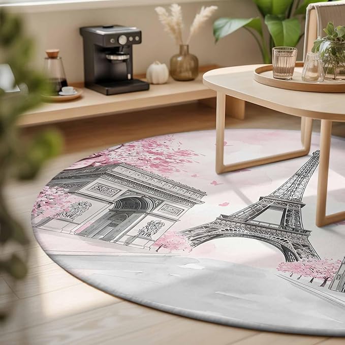 Washable Round Area Rug Modern Pink Flower Paris Landmarks Circle Rugs Floor Carpet for Living Room Bedroom, Towel Architecture Soft Non Slip Round Rug 3ft