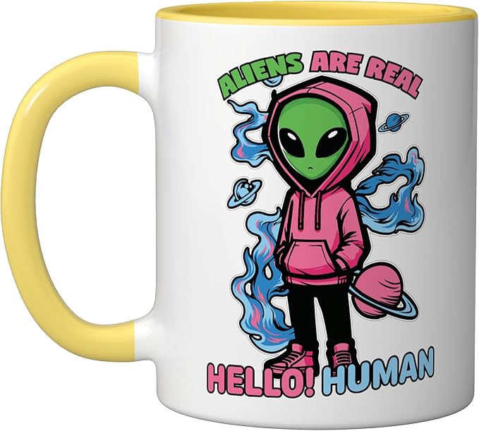 Aliens Are Real UFO Flying Saucer Grey Alien Sci-Fi Art Ceramic Mug, Yellow/White