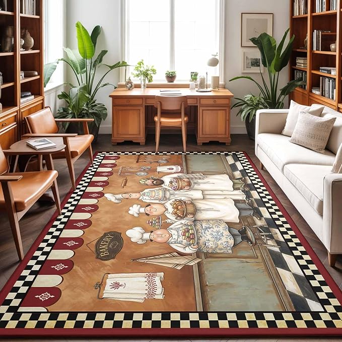 Area Rug 4x6ft, Farmhouse Cartoon Chef Washable Rugs for Living Room Bedroom, Cooking Theme Black White Checkered Soft Non-Slip Area Rugs Rectangle Floor Carpet for Dining Room