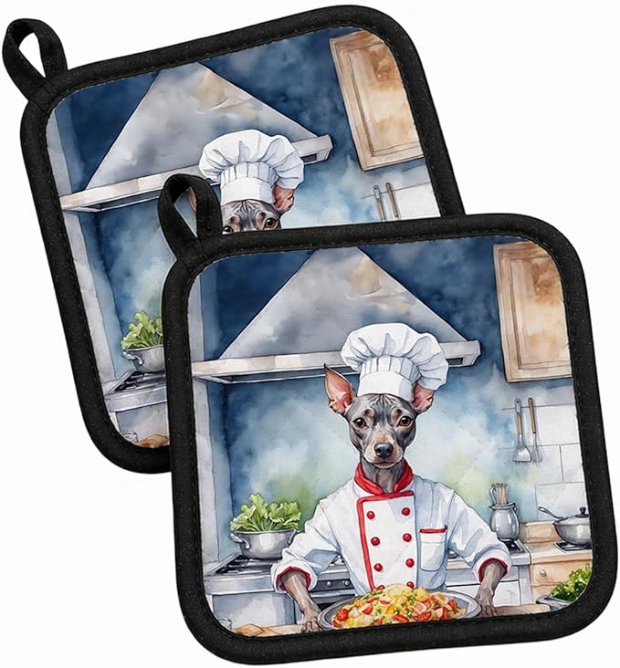 Caroline's Treasures American Hairless Terrier The Chef Pair of Pot Holders Kitchen Heat Resistant Pot Holders Sets Oven Hot Pads for Cooking Baking BBQ, 7 1/2 x 7 1/2