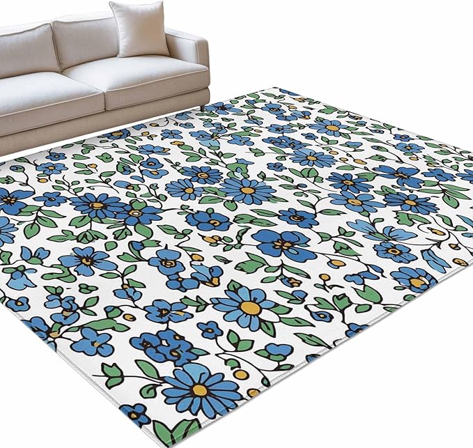 Area Rug 8x10ft, Blue Tiny Flowers Green Leaves Washable Rugs for Living Room Bedroom, Farmhouse Botanical Soft Non-Slip Area Rugs Rectangle Floor Carpet for Dining Room