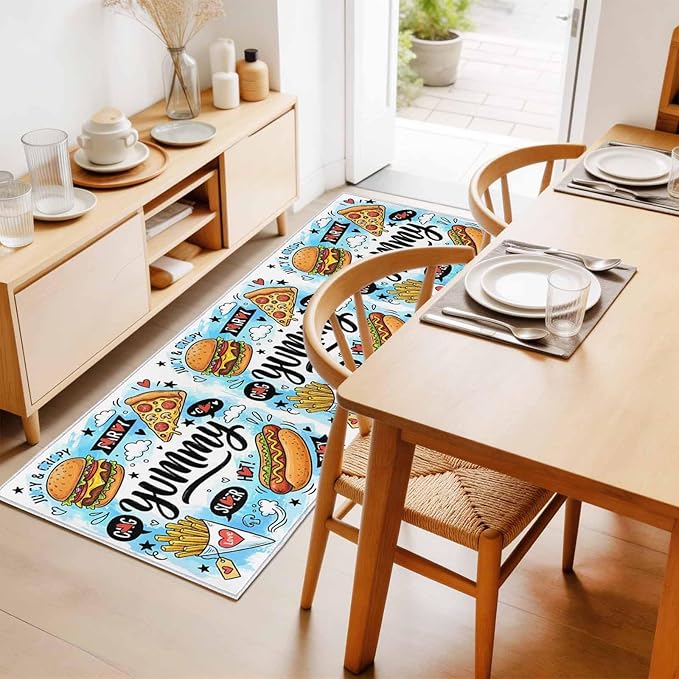 Runner Rug for Bedroom Hallway, Cartoon Food Abstract Graffiti Kitchen Runner Rugs Area Rug 2x6ft, Blue Sky with Clouds Washable Soft Floor Carpet for Entryway Stair