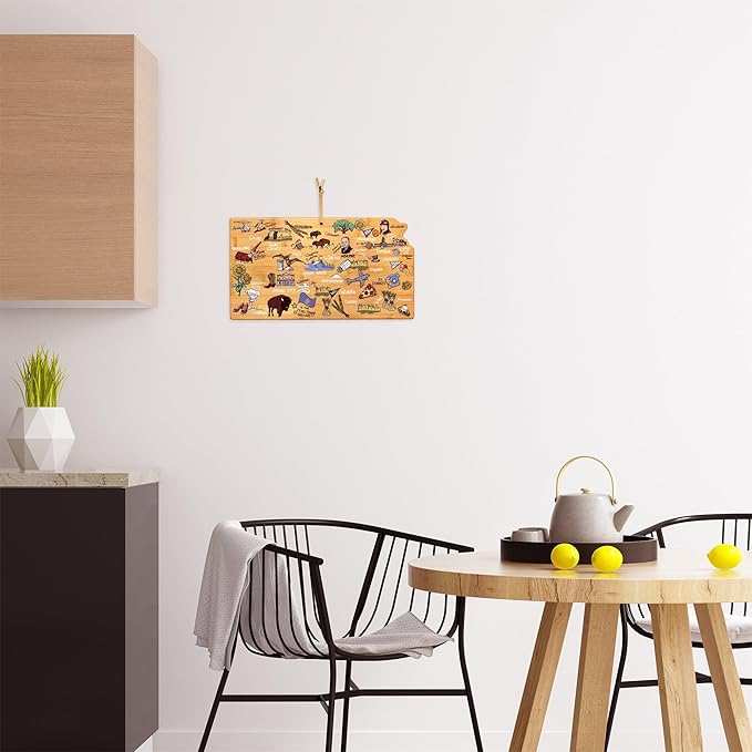 Totally Bamboo Kansas State Shaped Cutting Board and Charcuterie Serving Platter with Artwork by Fish Kiss, Includes Hang Tie for Wall Display