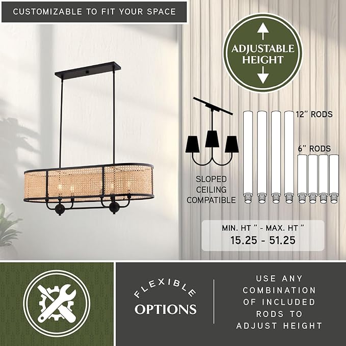 VAXCEL Berens 6L Linear Chandelier Island Pendant Fixture with Rattan Shade, Farmhouse Style Mounted Ceiling Lighting, Matte Black Finish