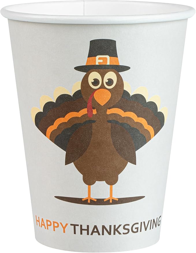 Restaurantware-Restpresso 12 Ounce Thanksgiving Party Cups, 400 Disposable Hot Cups With Plastic Lids - Turkey Design, Rolled Rim, Paper Coffee Cups, Single Wall, Serve Hot And Cold Drinks