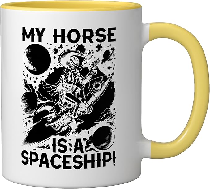 Alien Lover Flying Saucer UFO Extraterrestrial Cowboy Ceramic Mug, Yellow/White