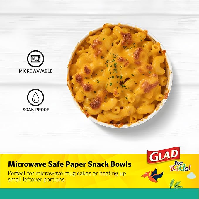 Glad for Kids Mini Dinosaurs Paper Snack Bowls, Colorful Heavy Duty Microwave Safe Disposable Bowls for Soup, Ice Cream, and Snacks, Lids Not Included, Multicolor, Party Pack, 6 Oz, 20 Count