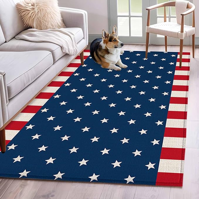 Area Rug 4x6ft, American Independence Day Washable Rugs for Living Room Bedroom, USA Stars on Blue Red White Border Soft Non-Slip Area Rugs Rectangle Floor Carpet for Dining Room