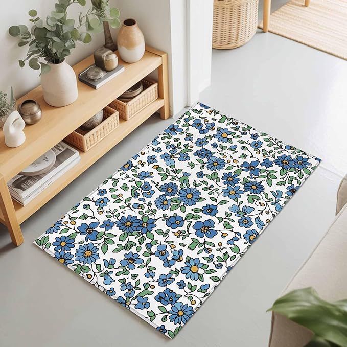 Area Rug 2x3ft, Blue Tiny Flowers Green Leaves Washable Rugs for Living Room Bedroom, Farmhouse Botanical Soft Non-Slip Area Rugs Rectangle Floor Carpet for Dining Room