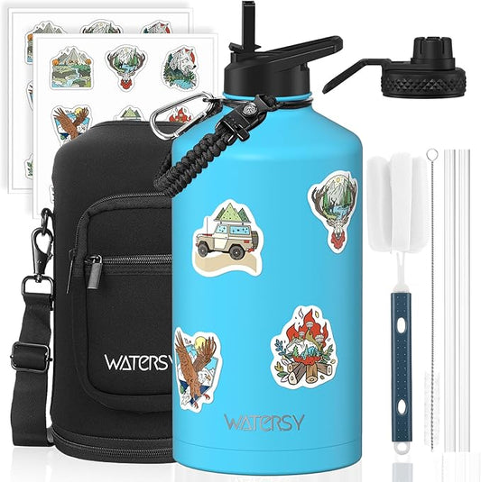 1 Gallon Water Bottle Insulated(Cold for 48 Hrs),BPA Free&Leak Proof,128oz Stainless Steel Water Jug,Large Water Bottle with Straw Spout Lids for Gym,Hiking,Camping&Travel,Sky Blue