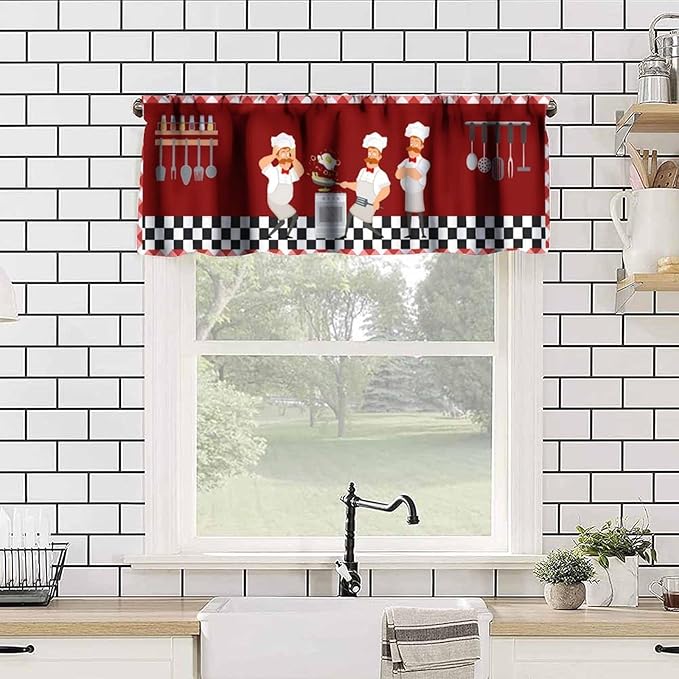 Funny Chef Kitchen Valance, Red Checkered Cartoon Chef Cooking Scene Rod Pocket Window Curtain for Kitchen Dining Resturant Bedroom Home Decor, 54x18Inch