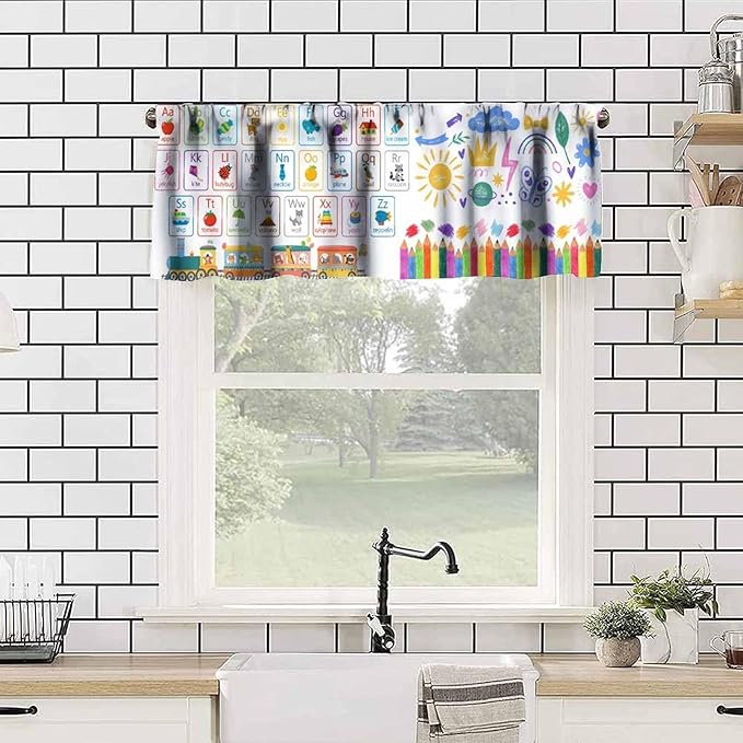 Kids ABC Alphabet Valance, Colorful Cartoon Style Educational Learning Letter Train Crayon Small Window Treatment for Kitchen Dining Room Bedroom Nursery Classroom, 54x18Inch