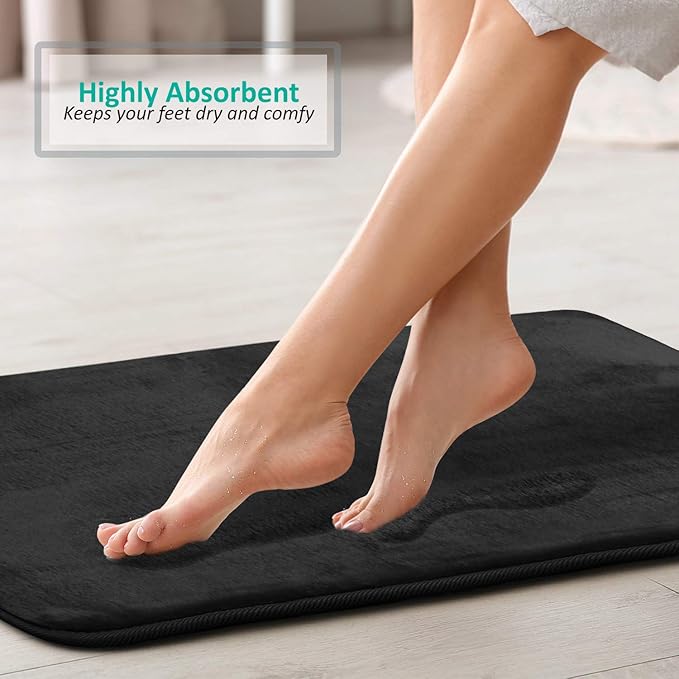 Clara Clark 2 Piece Bathroom Rugs Bath Mat Set, Velvet Memory Foam Bath Mats for Bathroom - Non-Slip, PVC Backing Bath Rugs, Washable - Dries Quickly, Black