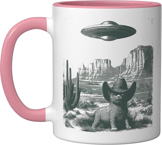 Desert Cat in Hat UFO Encounter Vintage Engraving Ceramic Mug, Pink/White