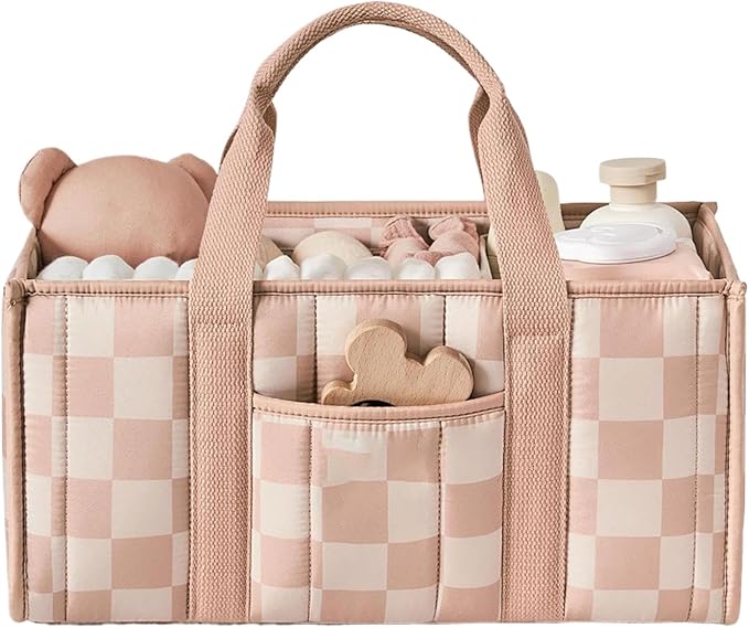 Quilted Fabric Storage Basket Floral Baby Diaper Caddy Quilted Basket for Nursery Bedroom Car Storage (L- Pink Plaid)