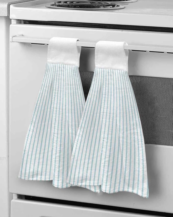Alandar Home Kitchen Tie Towel Set of 2, Ocean Blue Stripes Seamless Ticking Stripe Absorbent Soft Hand Towels for Bathroom Hanging Towels, Farmhouse Pinstripe Fast Drying Cleaning Cloth with Loop