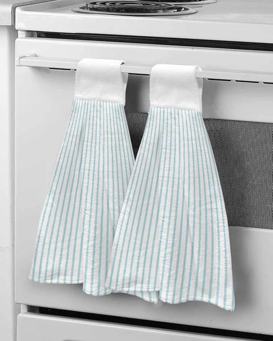 Alandar Home Kitchen Tie Towel Set of 2, Ocean Blue Stripes Seamless Ticking Stripe Absorbent Soft Hand Towels for Bathroom Hanging Towels, Farmhouse Pinstripe Fast Drying Cleaning Cloth with Loop