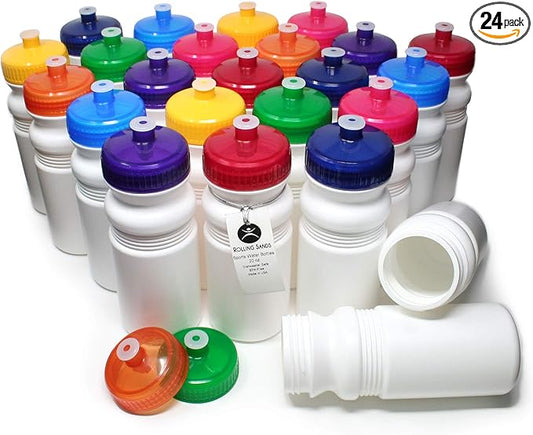 Rolling Sands Reusable Bulk Water Bottles 24 Pack - 20 Oz Sports Water Bottles, USA Made, BPA-Free, Wide Mouth for Easy Cleaning, Dishwasher Safe, Break Resistant - White Bottle/Variety Lid