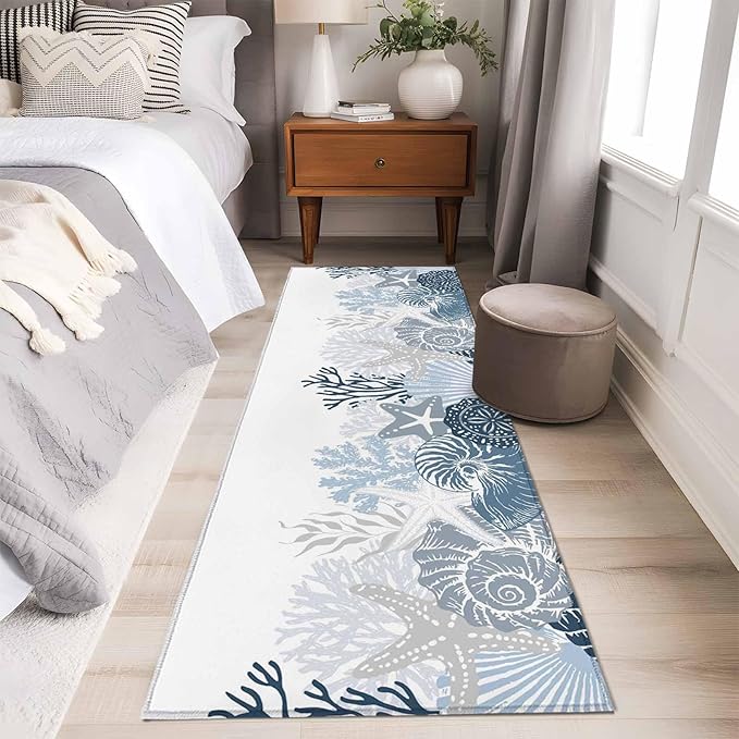 Runner Rug for Bedroom Hallway, Underwater Blue Shells Starfish Coral Kitchen Runner Rugs Area Rug 2x6ft, Summer Botantical Washable Soft Floor Carpet for Entryway Stair