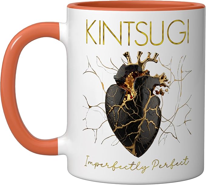 Kintsugi Pottery Golden Heart Japanese Art repair Pottery Ceramic Mug, Orange/White