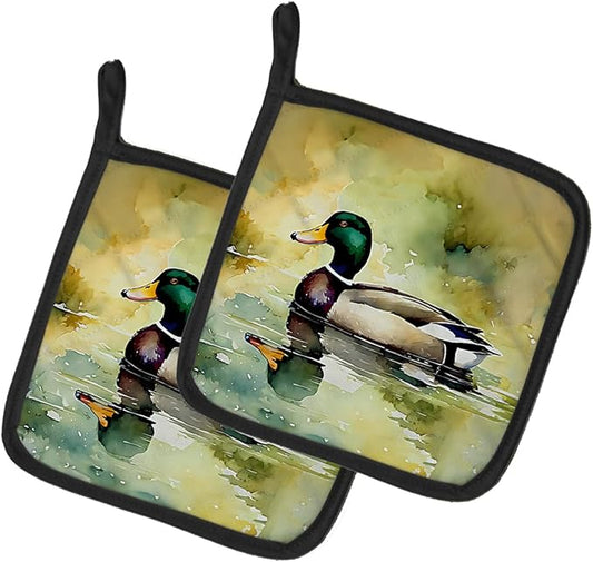 Caroline's Treasures Mallard Pair of Pot Holders Kitchen Heat Resistant Pot Holders Sets Oven Hot Pads for Cooking Baking BBQ, 7 1/2 x 7 1/2