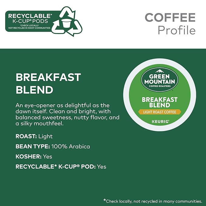 Green Mountain Coffee Roasters Breakfast Blend, Single-Serve Keurig K-Cup Pods, Light Roast Coffee Pods, 72 Count