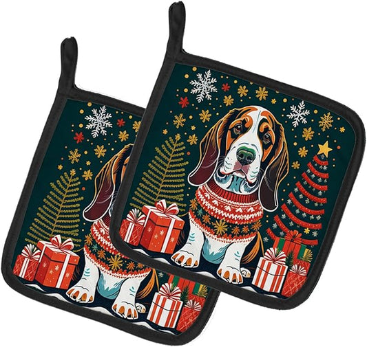 Caroline's Treasures Basset Hound Christmas Pair of Pot Holders Kitchen Heat Resistant Pot Holders Sets Oven Hot Pads for Cooking Baking BBQ, 7 1/2 x 7 1/2