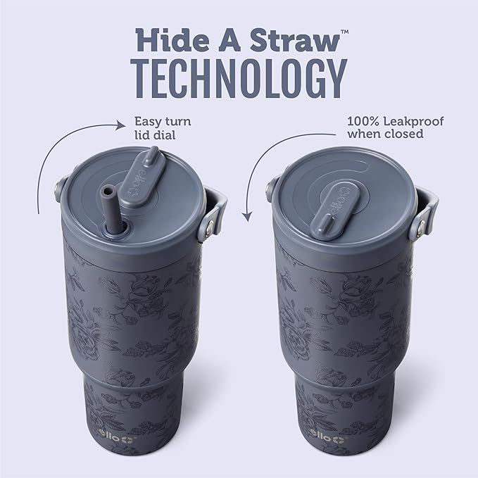 Ello Oasis Go+ 26oz Tumbler with Top Handle and Retracting Straw | Reusable Insulated Stainless Steel Cup, 100% Leakproof Water Bottle, 24 Hours Cold, Cup Holder Friendly For Travel | Rose Navy