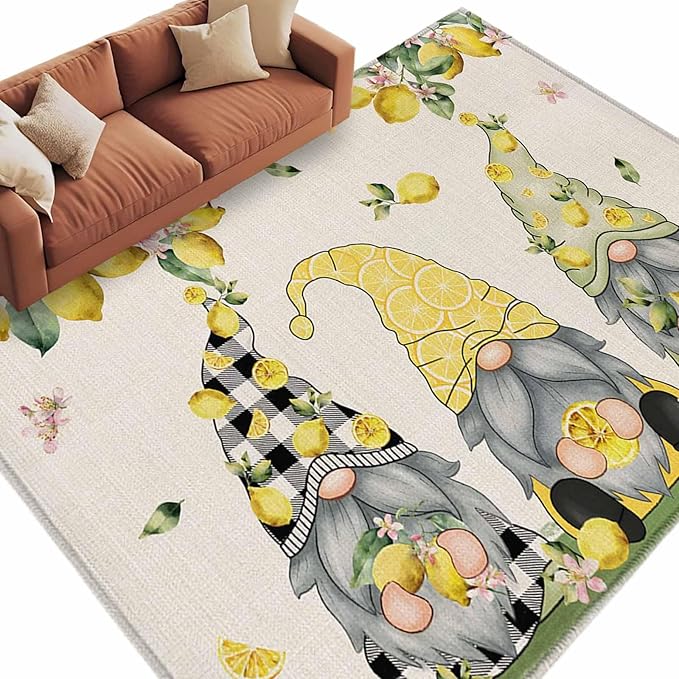 Area Rug 6x9ft, Summer Gnome with Lemon Washable Rugs for Living Room Bedroom, Farmhouse Dwarf Fruit on Linen Soft Non-Slip Area Rugs Rectangle Floor Carpet for Dining Room