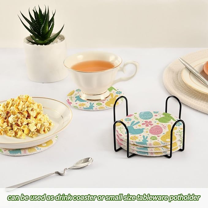 YETTASBIN Easter Bunny Eggs 6 Pcs Drink Coasters with Holder, Cotton Woven Absorbent Heat-Resistant Round Coaster Non-Slip Table Mat for Kitchen Bar Home Decor Housewarming Gift, 3.9 in