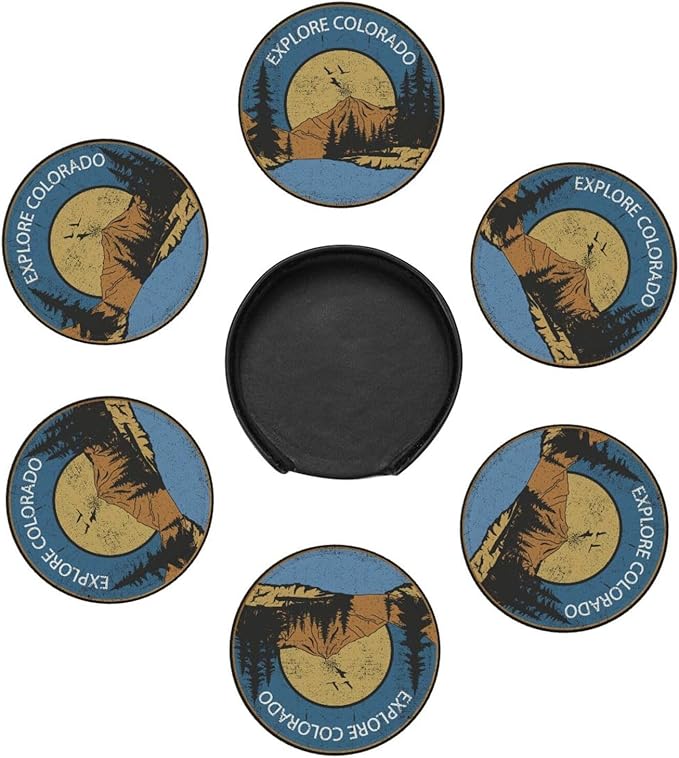 Colorado Lake Leather Drinks Coasters with Holder, Set of 6, Suitable for Various Cups