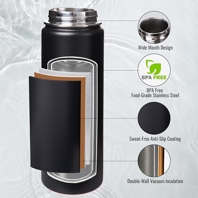 Fijinhom 24 oz Insulated Water Bottle with Handle, 304 Stainless Steel Water Bottles with Wide Mouth, Double Wall Vacuum Sports Water Bottle, BPA Free, Keep Cold and Hot, Black | with Handle, Water Bottles, Wide Mouth, Double Wall Vacuum, Sports Water ...