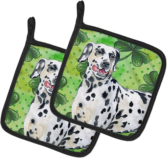 Caroline's Treasures BB9827PTHD Dalmatian St Patrick's Pair of Pot Holders, Green Kitchen Heat Resistant Pot Holders Sets Oven Hot Pads for Cooking Baking BBQ, 7 1/2 x 7 1/2