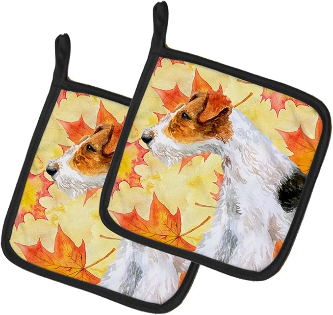 Caroline's Treasures BB9911PTHD Fox Terrier Fall Pair of Pot Holders, Yellow Kitchen Heat Resistant Pot Holders Sets Oven Hot Pads for Cooking Baking BBQ, 7 1/2 x 7 1/2