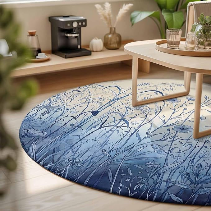 Washable Round Area Rug Vintage Boho Blue Wildflowers Meadow Circle Rugs Floor Carpet for Living Room Bedroom, Abstract Flower Soft Non Slip Round Rug 3ft