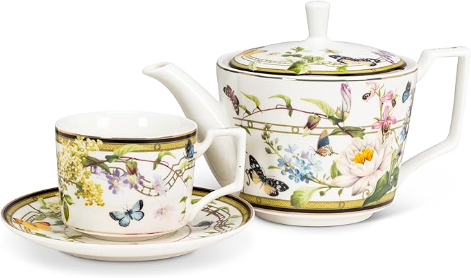 Abbott Collection Butterfly Garden Teacup & Saucer - Bone China, White/Green, 3"H (8oz)