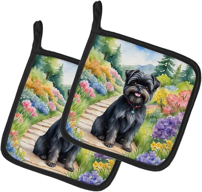 Caroline's Treasures Affenpinscher Spring Garden Pair of Pot Holders Kitchen Heat Resistant Pot Holders Sets Oven Hot Pads for Cooking Baking BBQ, 7 1/2 x 7 1/2
