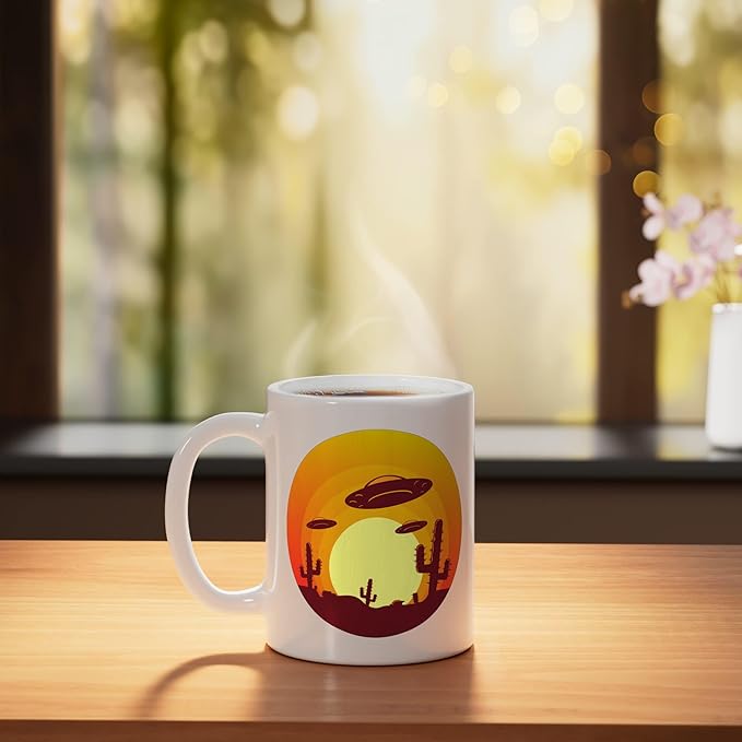 UFO Alien Abduction Conspiracy Vintage Nevada Desert Sunset Ceramic Mug, White