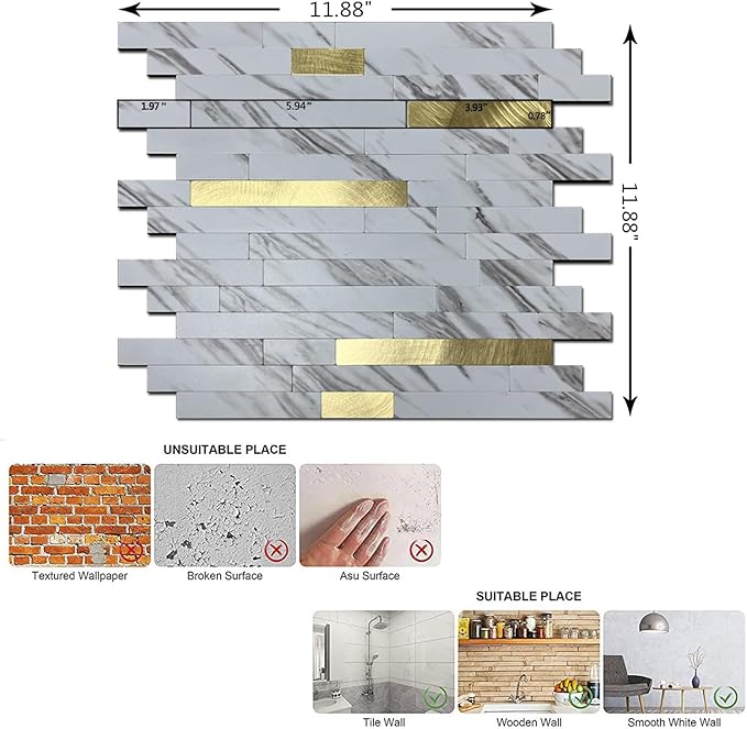 10-Sheet Peel and Stick Backsplash Tile, PVC Mixed Meta,l Stick on Kitchen, Bathroom Vanities, Fireplace Décor, Laundry Table(11.2" X 12.7") (10, White Marble + Golden)