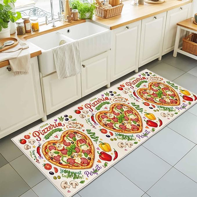 Runner Rug for Bedroom Hallway, Cartoon Pizza Watercolor Graffiti Kitchen Runner Rugs Area Rug 2x6ft, Farmhouse Vegetable Leaves Washable Soft Floor Carpet for Entryway Stair
