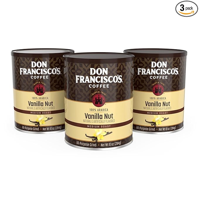 Don Francisco's Premium Vanilla Nut Ground Flavored Coffee: Rich, Aromatic 100% Arabica Beans - Family Crafted for a Delightful Morning Brew (3 x 10 oz Cans)